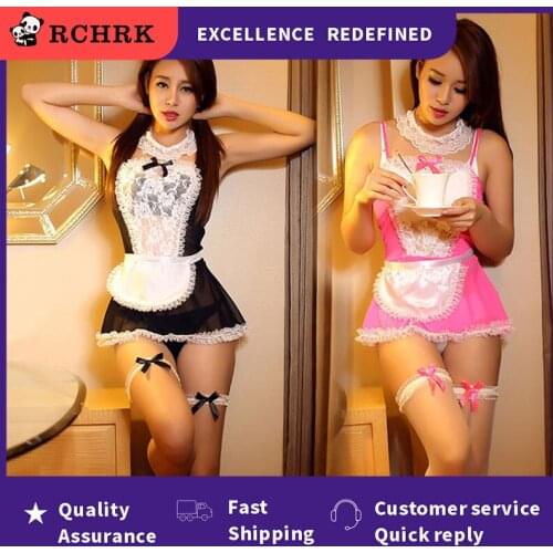 2021 Bow Lace Lingerie Women French Maid Cosplay Sexy Lingerie Hot Transparent Costumes Erotic Lovely Maid Costumes temptation