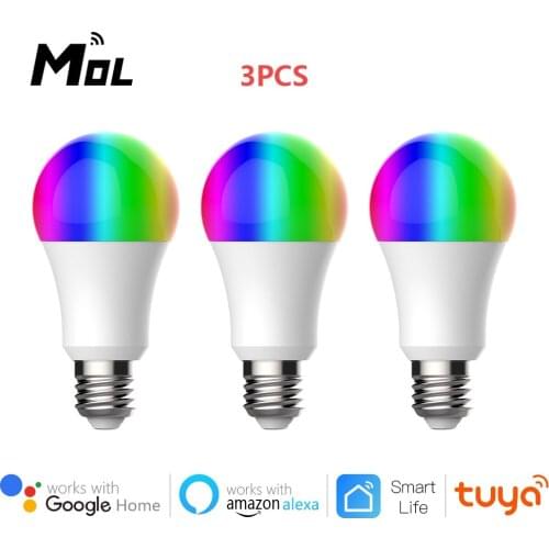 3pcs E27 Wifi Smart LED Light Bulb 9W Dimmable RGB Lamp Tuya App Smart Remote Control Compatible with Google Alexa Voice Control