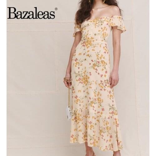 Bazaleas Sexy Center Ruched Vestidos Vintage Off Shoulder Midi Dress Chic Yellow Floral Print Ruffles Dress Retro Dresses