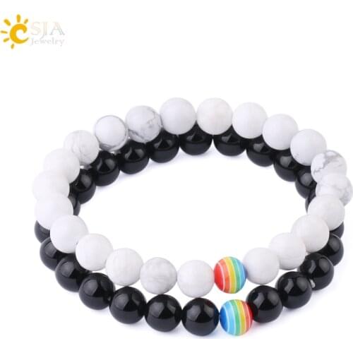 CSJA Black White Couple Bracelets Natural Stone Onyx Howlite Mixed Rainbow Bead Bracelet for Women Men Casual Jewelry Gifts F696