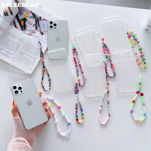 Colored Chain Beads Pendant Hand Strap Hang Phone Case For iPhone 13 11 12 Pro Max 7 8 Plus SE2 Mini Lanyard Charm Clear Cover