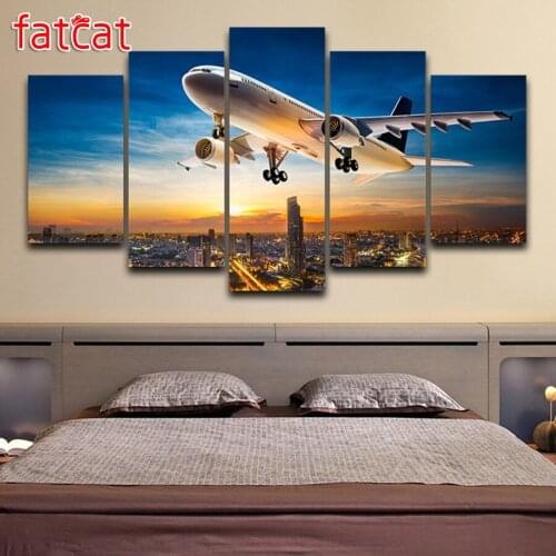 FATCAT 5 Panel Airplane Sunset Landscape Diy Diamond Painting Full Square Round Drill Diamond Embroidery Sale Home Decor AE919