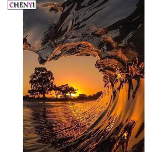 CHENYI 5D Full Square Round Diamond Painting Lake and Sunset Diy Kit Diamond Embroidery Cross Stitch Mosaic Craft Art Home Decor