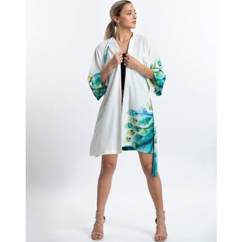 Yeşim Livaoğlu Lüx Tavus Kuşu Kısa Kimono Kaftan