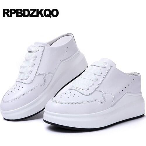 Elevator Trainers Genuine Leather Thick Sole Lace Up Breathable Muffin Creepers Platform Shoes Sneakers Women Wedge White Luxury