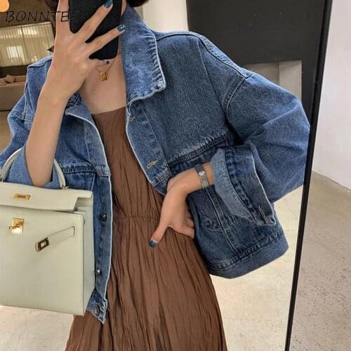 Basic Jackets Women Loose Solid Pockets Single-breasted Ins Spring Teens Retro All-match Cropped Vintage Denim Korean New BF