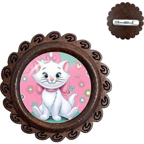 Fashion Glass Cabochon Wood Brooch The Aristocats Cute Marie Cat Anime Cartoon Collar Pins For Women Men Kids Gift