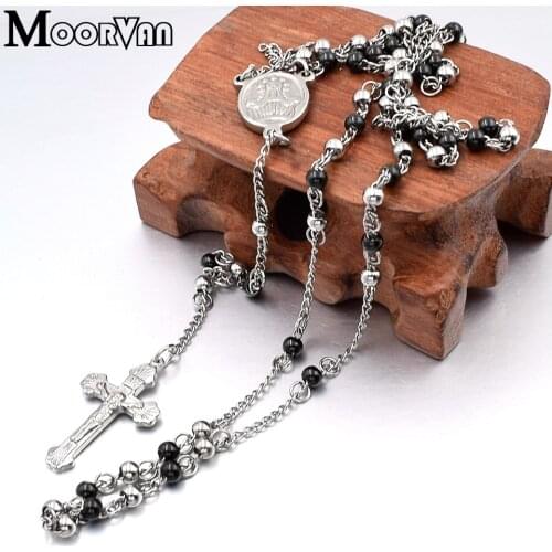 Moorva 60cm 4mm Bead Classic Men Stainless Steel Rosary Cross Catholic Religious Jesus Necklace VRN13