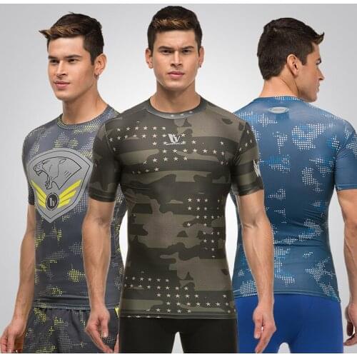 VANSYDICAL running shirt men short sleeve camouflage compression sport active wear training gym clothing workout shirt men