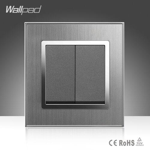 2 Gang 1 Way Wallpad Hotel EU UK Standard Grey Silver Satin Metal 2 Gang 1 Way Switch Panel Push Button Wall Light Switch