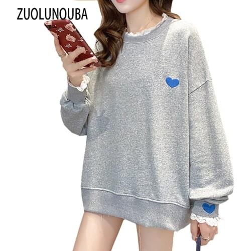 2020 Autumn Lace Embroidery Stitching Fake Two-piece Round Neck Ladies Pullover Casual Loose Sweet Comfortable Women Sweatshirt