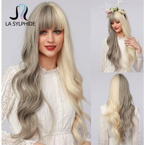 La Sylphide Cosplay Halloween Wig Long Curly Half Blonde Half Ash Brown Synthetic Wigs with Bangs for Black/White Woman Cute Wig