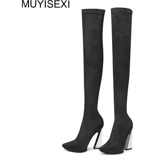Over the Knee Boots Elastic Thigh High Boots 11 cm Extreme High Heel Sexy Knee High Boots Women Black Gray HL138 MUYISEXI