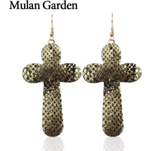 M&G Trendy Cross Earring Leather for Women Gold Green Statement Dangle Earring Fashion Jewelry Leather Jewelry Women Accessories