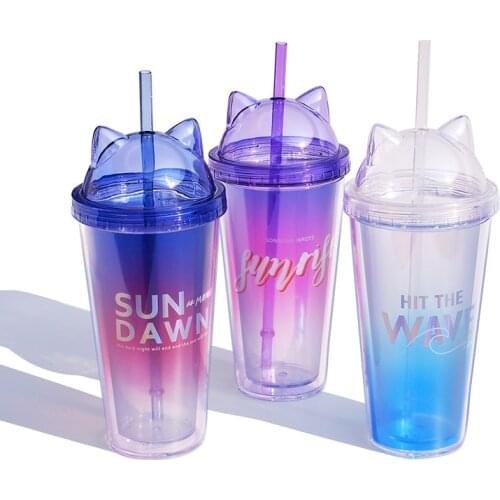 Cute Cups Girl Cartoon Bottle Sippy Gradient Cat Ear Plastic Bottle Student Large Capacity Juice Drink Portable Bottle