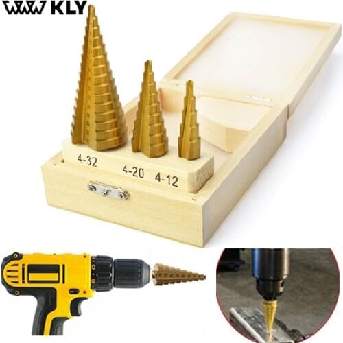WWW KLY 4-12mm 4-20mm 4-32mm HSS Hex Shank Step Drill Bit Cone Titanium Coated Metal Drill Bit Cut Tool Set Hole Cutter