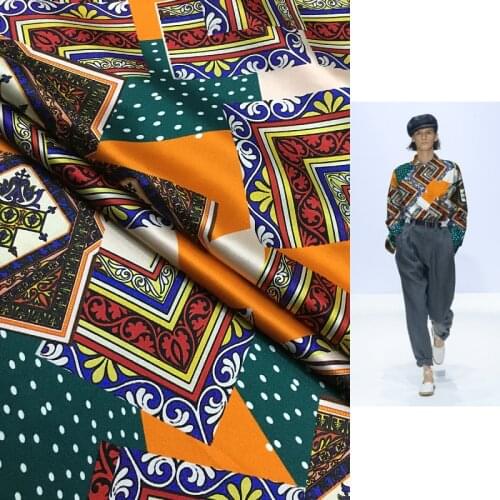 Spring and Summer Silk Spandex Satin Fabric 2021 New Baroque Style Geometric Mosaic Printed Mulberry Silk Dress Cloth