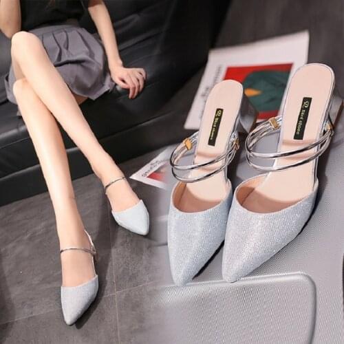 Sexy fashion ladies high-heeled slippers summer new wild simple sequined cloth pointed mid-heel Baotou half-drag Muller shoes