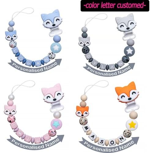 TYRY.HU Customed Silicone Beads Fox Pacifier Clip Personalised Name Colorful Silicone Letter With DIY Babys Name Pacifier Chain