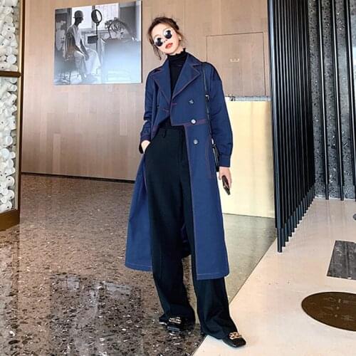 Windbreaker Female 2021 Spring Autumn New Navy Blue Long Irregular Design Sense Single-breasted Straight Loose Fashion Coat 20