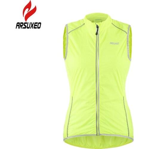 ARSUXEO 3 Colors Ultralight Reflective Cycling Vest Women Windproof Cycle Bike Bicycle Vest with Back Zipper Pocket Running Vest