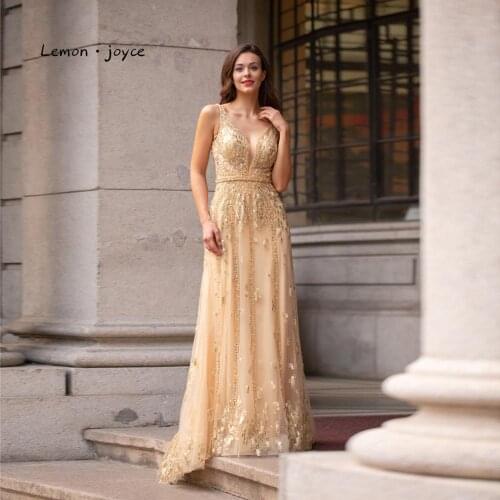 Lemon joyce Champagne Evening Dresses Long 2020 Sexy V-neck Backless Beading Party Gowns Prom Dress robe de soiree