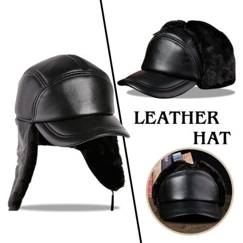 Winter Mens Real Leather Warm Bomber Hat With Ear Flap Plush Faux Fur Ushanka Cap Russian Man Ski Hats Sheepskin Trapper Cap