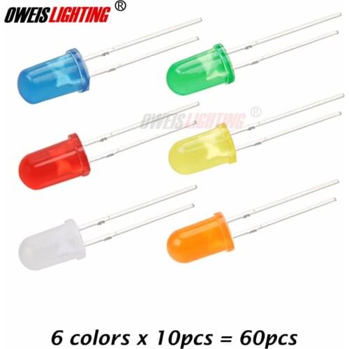 100PCS 5mm Diffused LED White Red Green Blue Yellow Orange 20mA DIP Light Lamp Assorted Kit Set F5