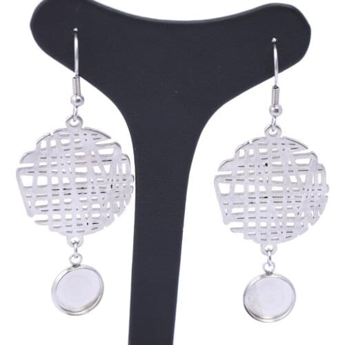 6pcs stainless steel dangle earring base with circle hollow charms diy 10mm cabochon earrings setting blanks for making
