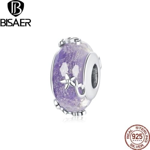 Bisaer Purple Glass Purple Zircon 925 Sterling Silver Dream Beads Charm fit Original Bracelet Bangle Making ECC1797