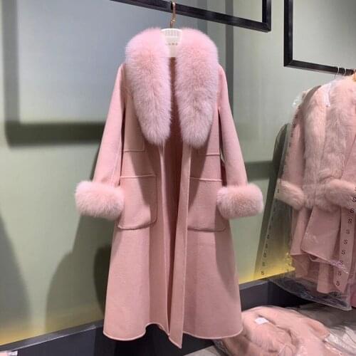CX-G-T-29A Real Fox Fur Shawl Collar and Cuffs Cashmere Wool Long Women Coat Overcoat with Belt