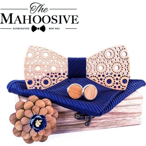 Wooden Hollow Wood Bow ties Bowtie with handkerchief Cufflinks For Men New Design Christmas gift set