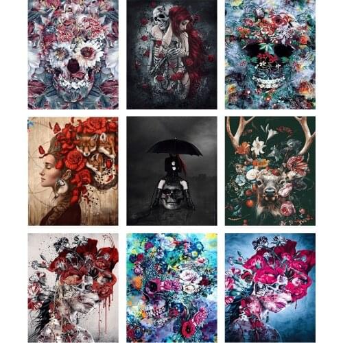DIY Paint By Numbers Skulls And Flowers Art Picture Set Coloring Decorative Canvas Wall Artcraft Oil Painting By Numbers