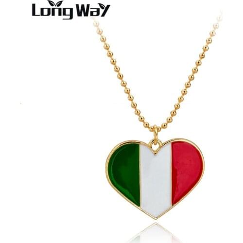 LongWay Metal I Love You Flags Necklace Italy/US/UK Flag Floating Heart Charms Pendant Gold Color Chain Necklaces Sne150876