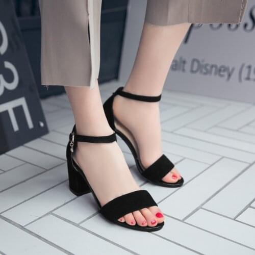 JETT DRAGON Womens Shoes 6CM High Heel 2021 Summer Suede Black Student Shoes Sandals In Rome with High Heel Thick with A Buckle