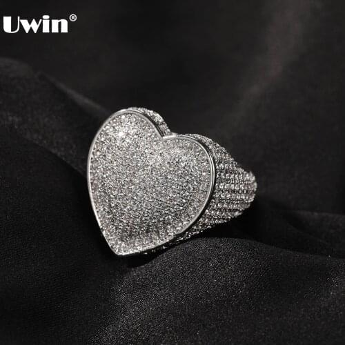 UWIN Fashion Jewelry CZ Heart Shape Rings Iced Out Cubic Zirconia Hip Hop Jewelry Delicate Rings Lover Gift for Men Women