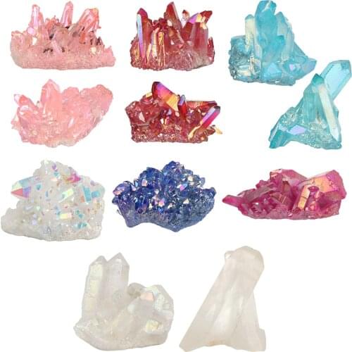 Colourful Aura Quartz Crystal Cluster Lucky Charm Natural Mineral Specimen Reiki Stone Electroplating Coated Healing Chakra Gift