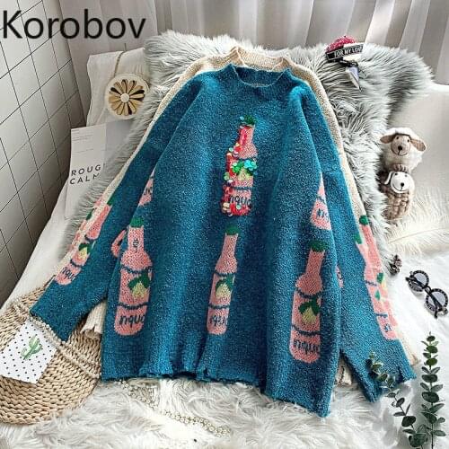 Korobov Sweet Chic O Neck Long Sleeve Sweaters Korean Autumn Winter Kawaii Preppy Style Female Pullovers Preppy Style Jumper