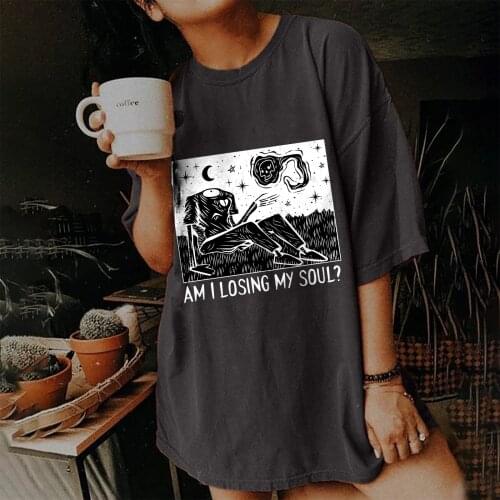 AM I LOSING MY SOUL Funny Women Tee Shirt for Women Summer Clothes Drop Shoulder Crew Neck Loose Graphic Tops for 90s Ladies