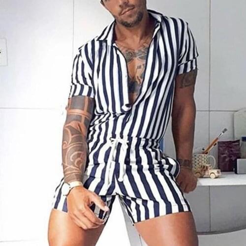 Men Jumpsuit Stripe Drawstring Sexy Lapel Thin Tracksuit Male Casual Fitness Breathable Rompers Streetwear 2021 Casual Playsuit