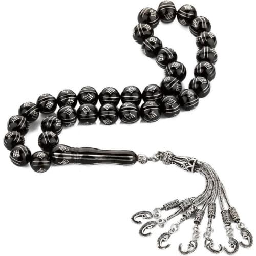 Natural Jet Stone Prayer Bead With Silver Tassel Men Embroidered Rosary Islamic Tasbih With Arabic Letter Tassel 925k Silver