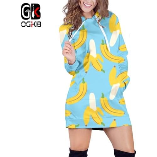 OGKB New Fashion Hoodies Dress Women Harajuku 3d Banana Print Autumn Winter Sweatshirt Women Long Sleeve Hooded Dress