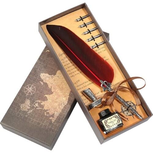 1set Retro Vintage Calligraphy Feather Dip Pen Writing Ink Set Stationery Quill Fountain Pens Creative Vintage Pen Free Shipping