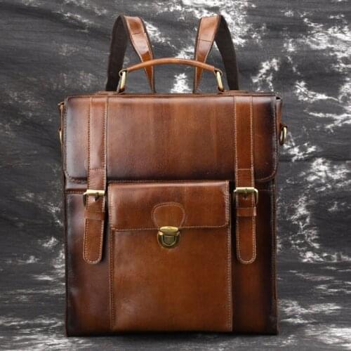 New High Quality Genuine Leather Men Backpack Rucksack Shoulder Bag Vintage Cowhide Business Laptop Bags School Daypack Knapsack