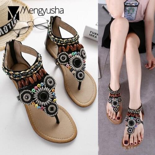 Ethnic beaded woman sandalias clip toe colorful string beading gladiator sandals woman bohemian flip flops sandalia cutout shoes