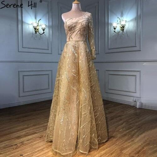 Serene Hill Gold A-Line Luxury Evening Dresses Gowns 2021 One Shoulder Beaded Sexy For Woman Party LA71223