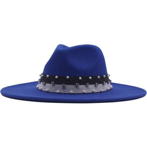 Womens Hat Fedoras Big Brim 9.5cm Panama Classic Jazz Men Caps Cowboy Cowgirl Band Belt Pearl Felt Hat New Sombreros De mujer