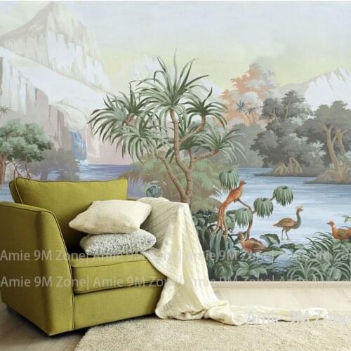 Light grey color palm tropical forest classic hand painted art mural wallpaper house decor living room wall decor wallpapers
