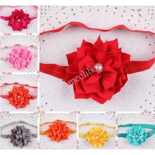 12 Colors Fabric Lotus Leaf Flower Headband For kid Winter Flower With Pearl Button Center Hair Accessories