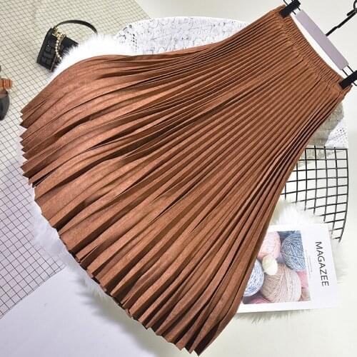 2021 Two Layer Spring Women Suede Skirt Long Pleated Skirts Top Brand Womens Saias Midi Faldas Vintage Women Midi Skirt